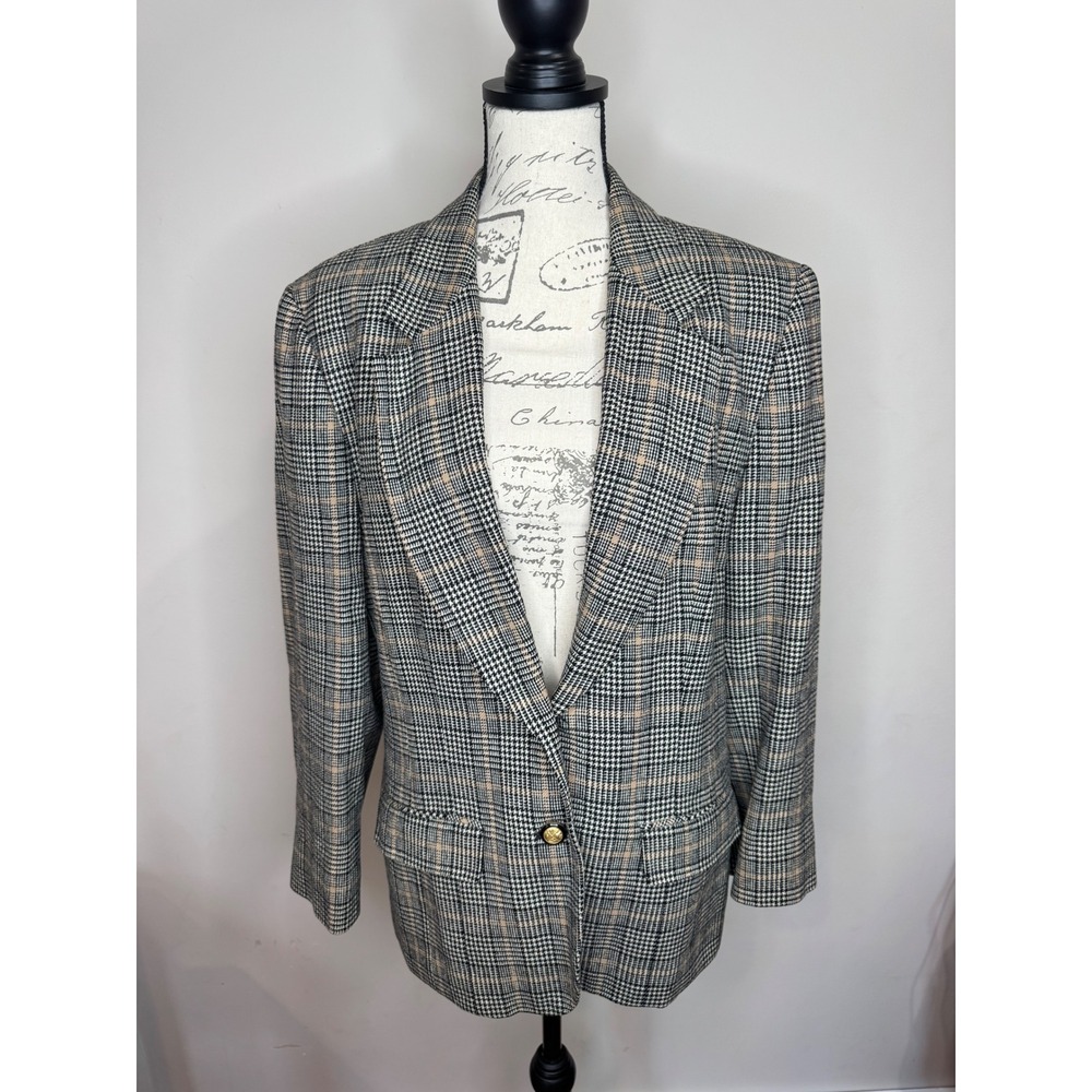 Vintage 70s Pendleton Wool Blazer Jacket Womens Sz 16 L Plaid Houndstooth USA